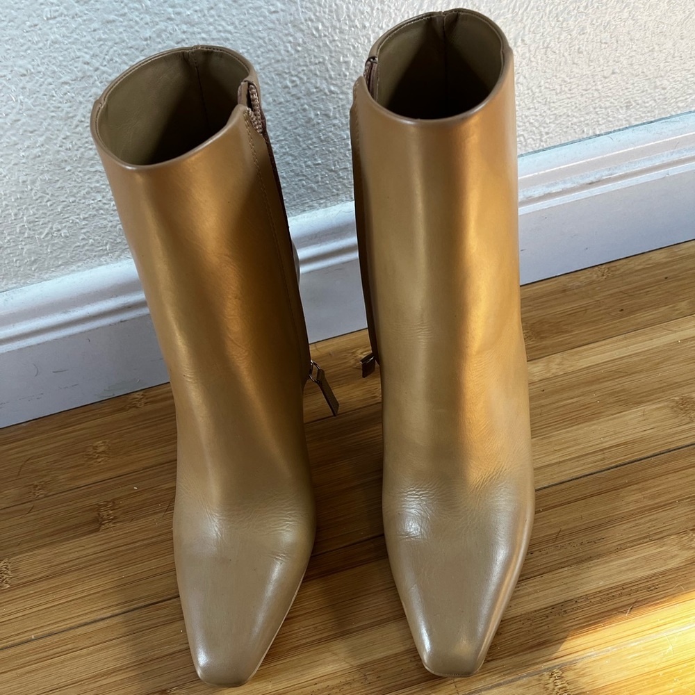 Cult Gaia tan boots gold bamboo heel